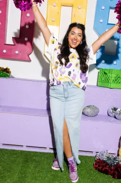 White, Purple & Yellow Leopard Sequin & Seed Bead Tee