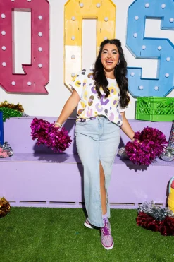 White, Purple & Yellow Leopard Sequin & Seed Bead Tee