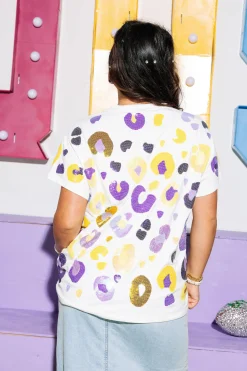 White, Purple & Yellow Leopard Sequin & Seed Bead Tee