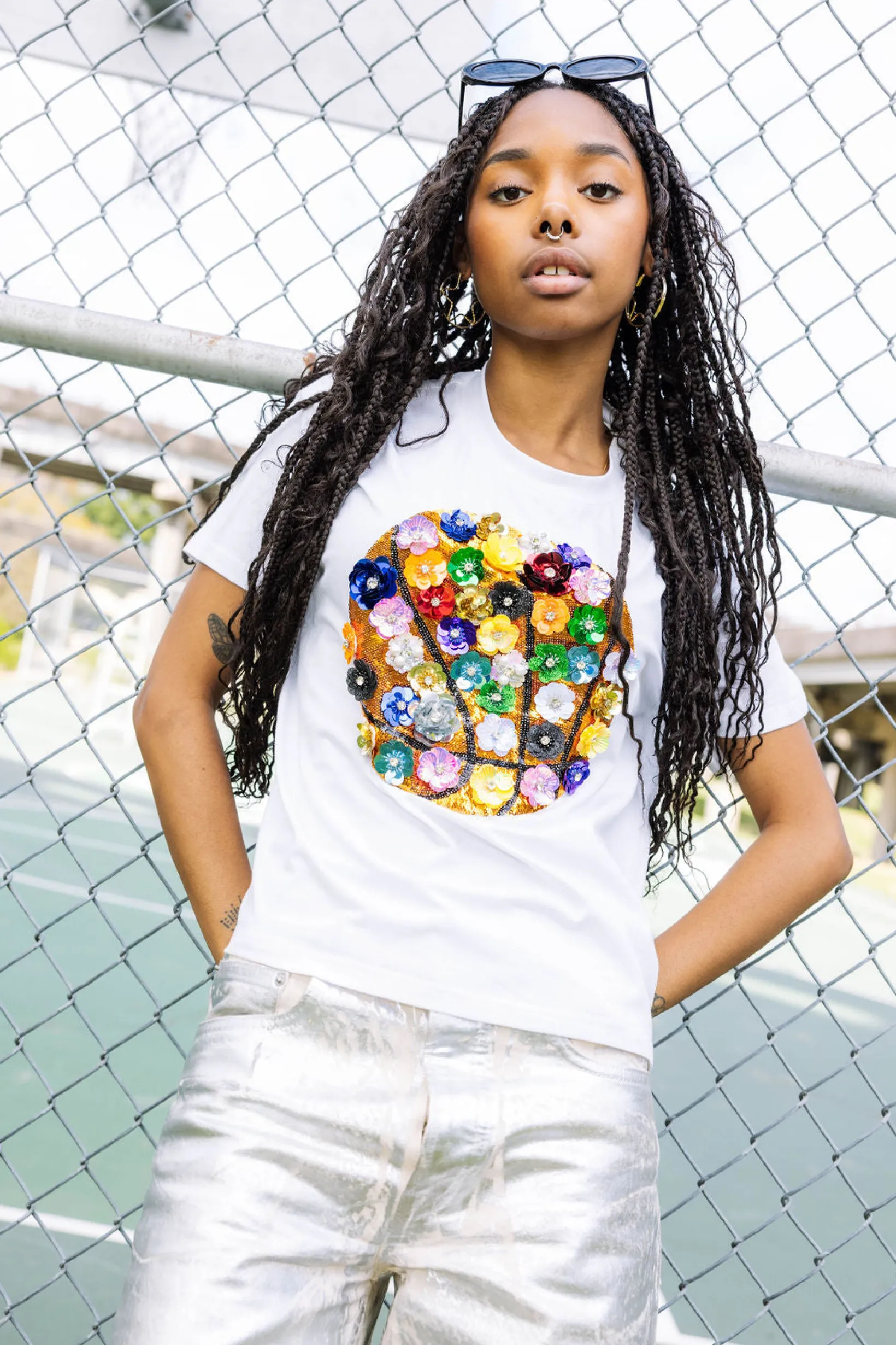 White Rainbow Flower Basketball Tee