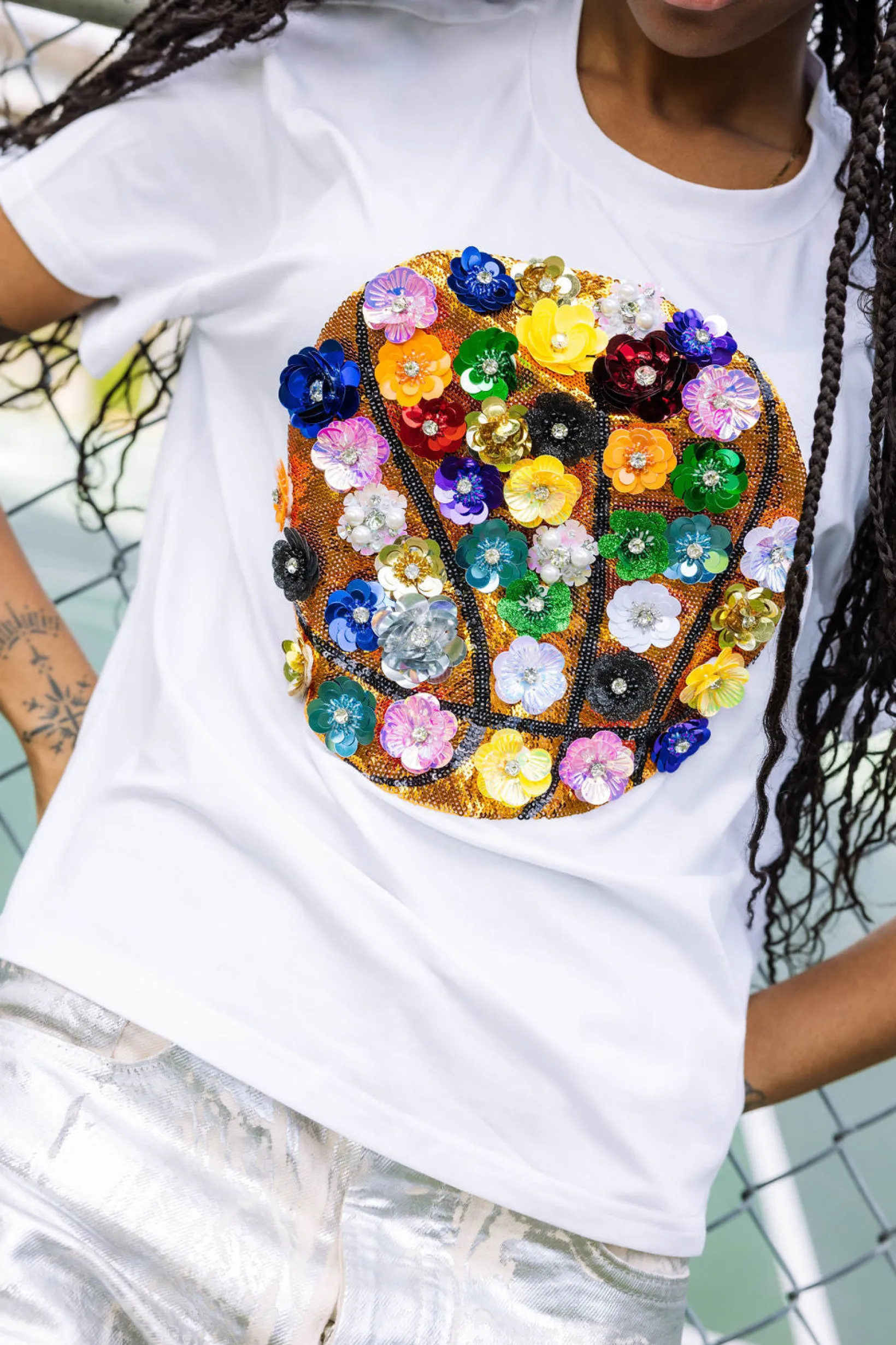 White Rainbow Flower Basketball Tee