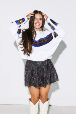 White Rainbow Sequin Stripe Sweater