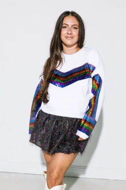 White Rainbow Sequin Stripe Sweater
