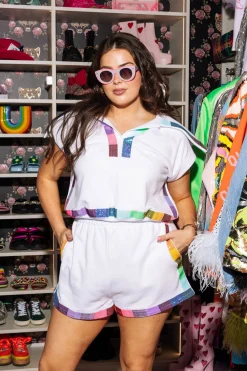 White Rainbow Trim Collar Top