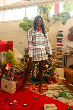 White, Red & Green Plaid V Neck Sweatshirt