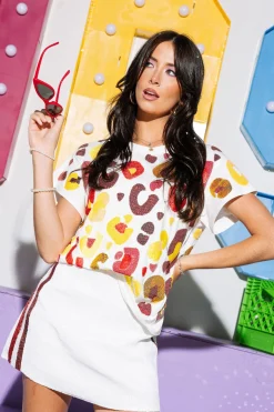 White, Red & Yellow Leopard Sequin & Seed Bead Tee