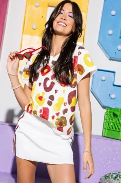 White, Red & Yellow Leopard Sequin & Seed Bead Tee