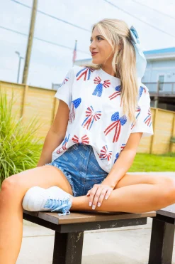 White, Red, White & Blue Scattered Bow Tee