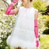 White Rhinestone Feather Bottom Tank Dress