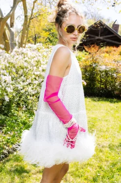 White Rhinestone Feather Bottom Tank Dress