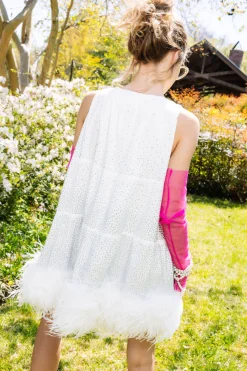 White Rhinestone Feather Bottom Tank Dress