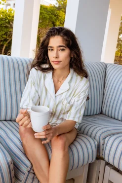 White Rhinestone Stripe Pajama Short Sleeve Top