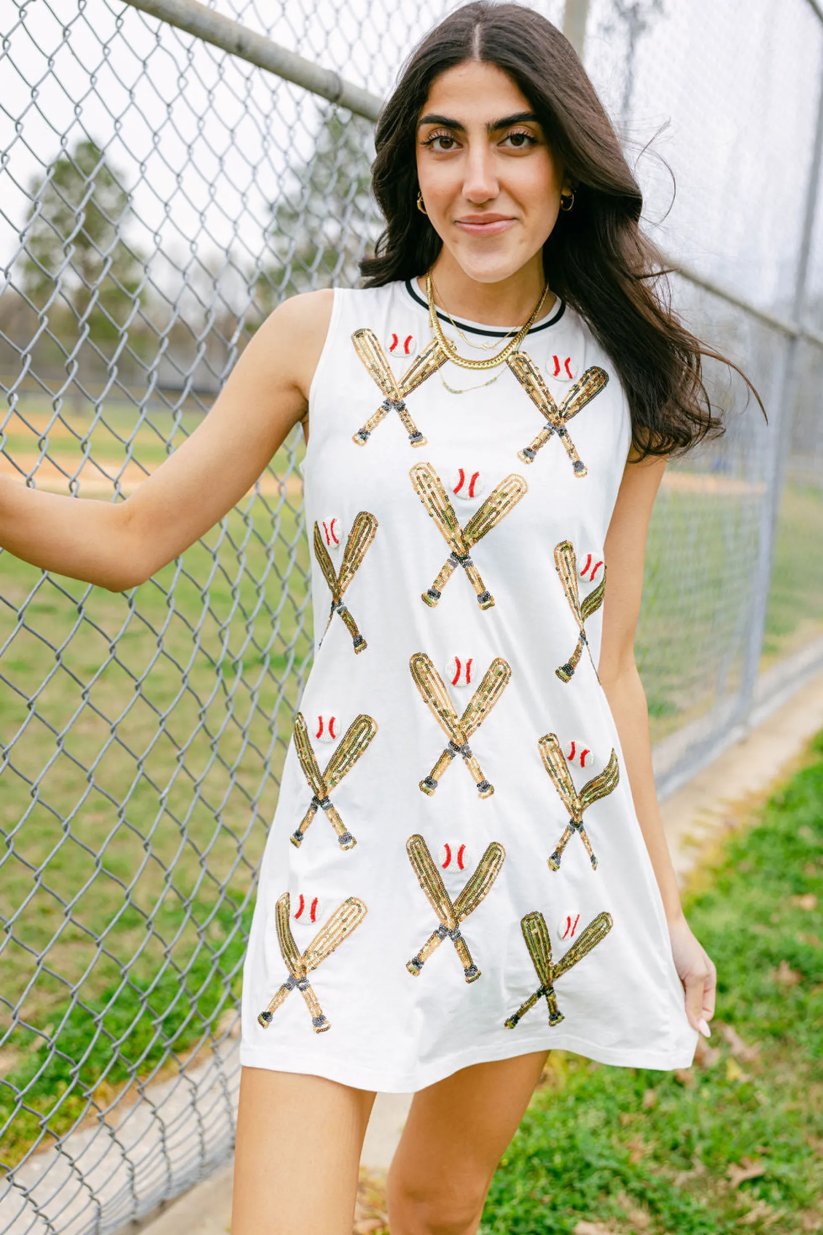 White Scattered Baseball Bat Tank Dress