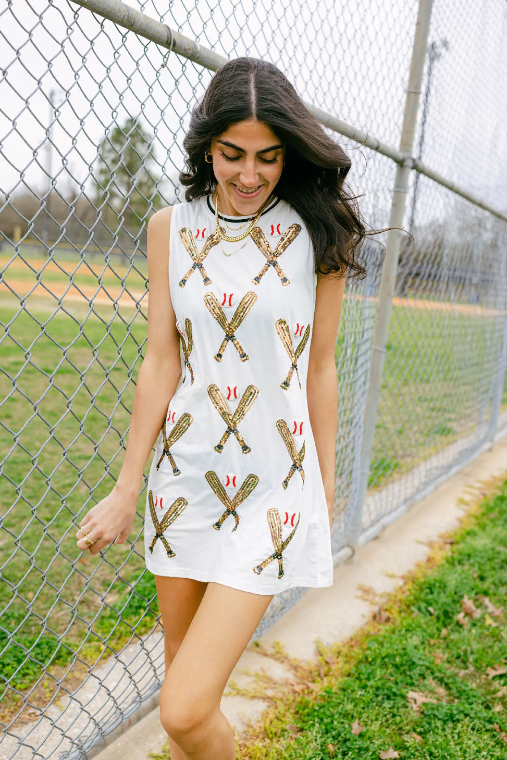 White Scattered Baseball Bat Tank Dress