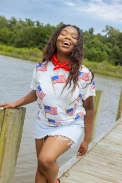 White Scattered Metallic American Flag Tee