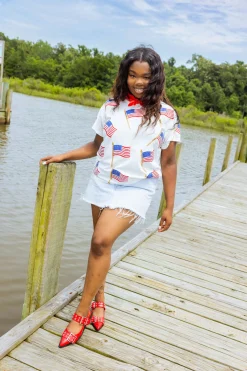 White Scattered Metallic American Flag Tee
