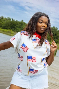 White Scattered Metallic American Flag Tee
