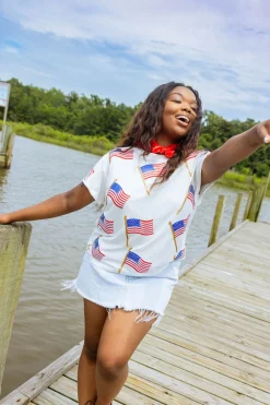 White Scattered Metallic American Flag Tee