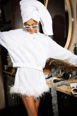 White Scattered Rhinestone Feather Tinsel Short