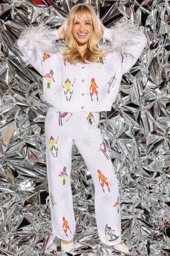 White Skiers & Snowflakes Feather Sleeve Cardigan