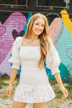 White Smocked Rainbow Sequin Pailette Top