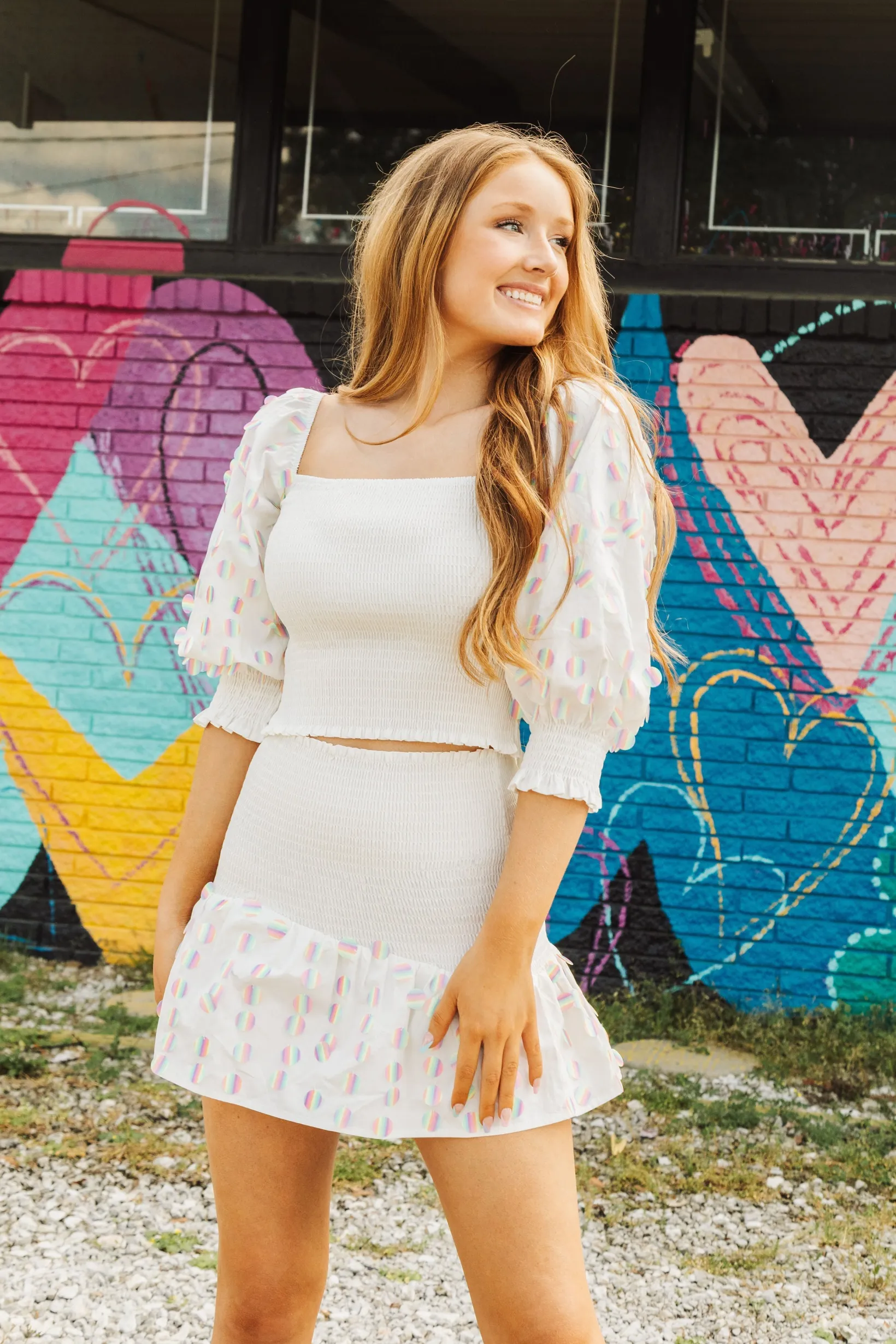 White Smocked Rainbow Sequin Pailette Top