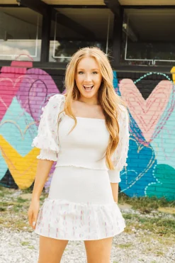 White Smocked Rainbow Sequin Pailette Skirt