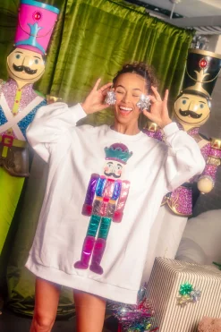 White Sweatshirt Dress with Multi Nutcracker