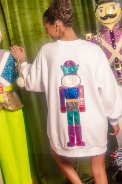 White Sweatshirt Dress with Multi Nutcracker