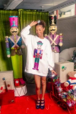White Sweatshirt Dress with Multi Nutcracker